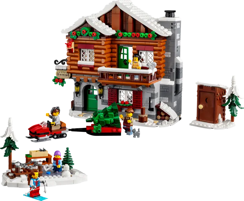 LEGO® ICONS Alpine Lodge 10325 includes a 3-level model lodge, a wood store, ski box, skating area and a toilet cabin, plus a snowmobile, Christmas tree, 5 minifigures and bird, cat and squirrel figures