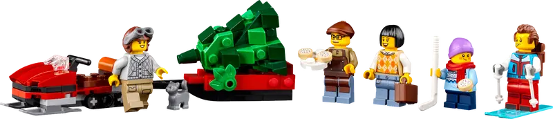 LEGO® ICONS Alpine Lodge 10325 features snowmobile and trailer, plus a Christmas tree, 5 minifigures and cat, squirrel and bird figures