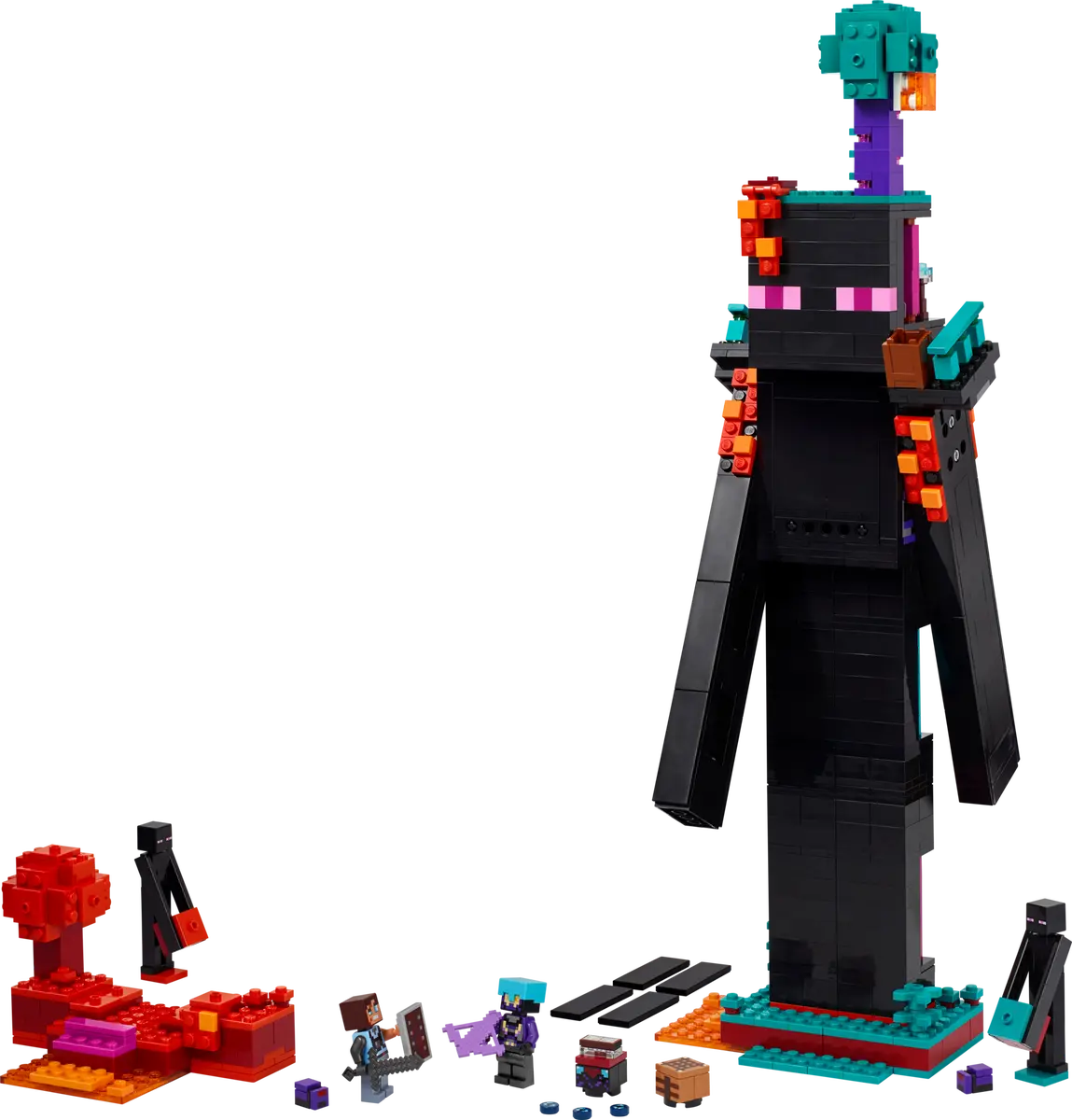 LEGO Minecraft Enderman Tower 21279 features a Dimensional Defender, a Realm Raider and 2 Enderman minifigures