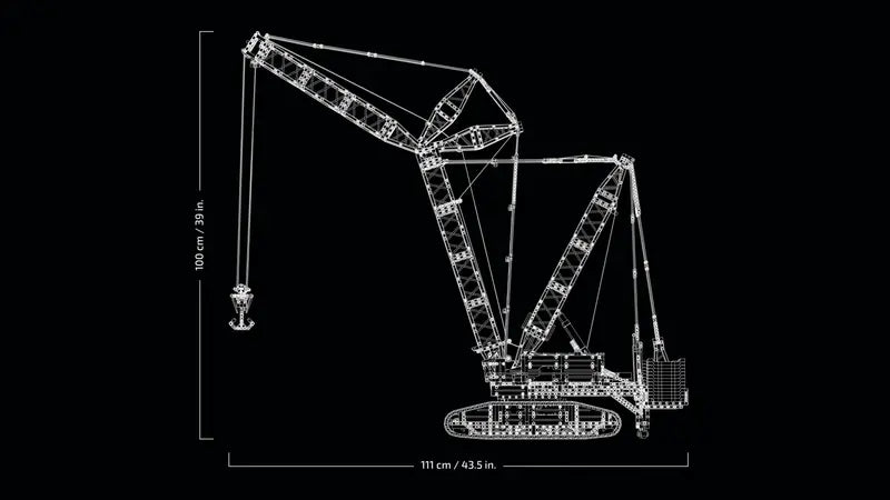 LEGO® Technic 42146 Liebherr Crawler Crane LR 13000 measures over 39 in. (100 cm) high, 43 in. (110 cm) long and 11 in. (28 cm) wide
