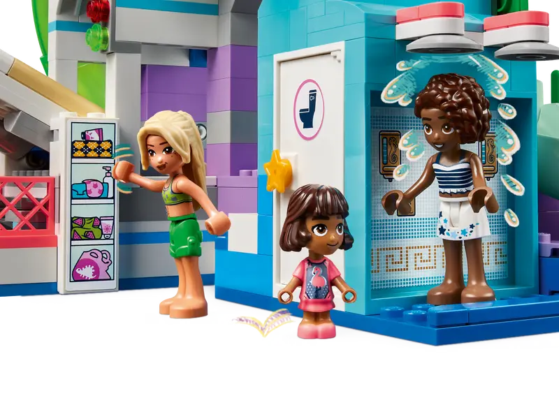 LEGO® Friends Heartlake City Water Park 42630 features a shower area, lockers, towels and more