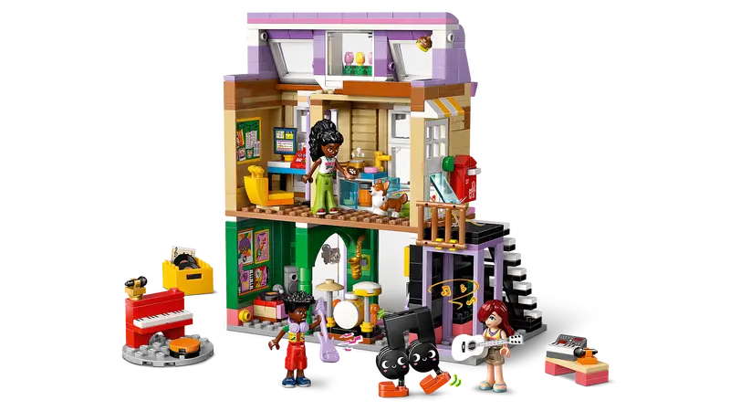 LEGO Friends Music Shop & Apartment 42653 includes a toy drum kit, piano, guitar, saxophone and more