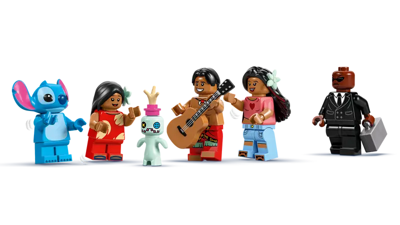 LEGO Disney Lilo and Stitch Beach House 43268 includes minifigures of Lilo, Stitch, Nani, David and Mr. Bubbles