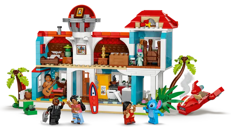 LEGO Disney Lilo and Stitch Beach House 43268 Building has 6 rooms and a rooftop and minifigures of Lilo, Stitch, Nani, David and Mr. Bubbles