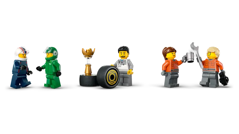 LEGO City F1 Truck with RB20 & AMR24 F1 Cars 60445 2 driver and 3 race crew minifigures, plus a winner’s trophy
