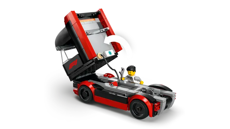 LEGO City F1 Truck with RB20 & AMR24 F1 Cars 60445 Tilt the cab to access the truck’s engine