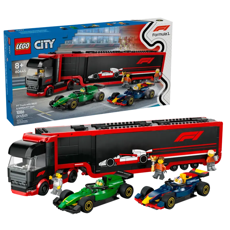 LEGO City F1 Truck with RB20 & AMR24 F1 Cars 60445 with packaging