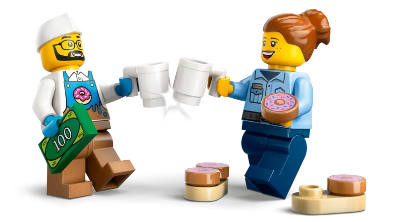 LEGO® City Donut Truck playset (60452) features vendor and customer minifigures