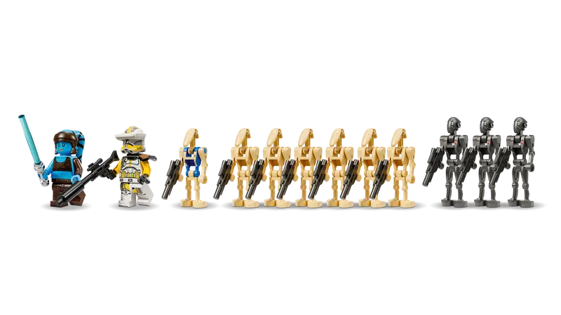LEGO Star Wars 75435 Battle of Felucia Separatist MTT features Commander Bly and Aayla Secura minifigures, 3 Commando Droid figures, a Pilot Battle Droid and 6 Battle Droid figures with accessories