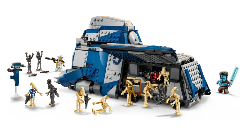 LEGO Star Wars 75435 Battle of Felucia Separatist MTT features Commander Bly and Aayla Secura minifigures, 3 Commando Droid figures, a Pilot Battle Droid and 6 Battle Droid figures with accessories