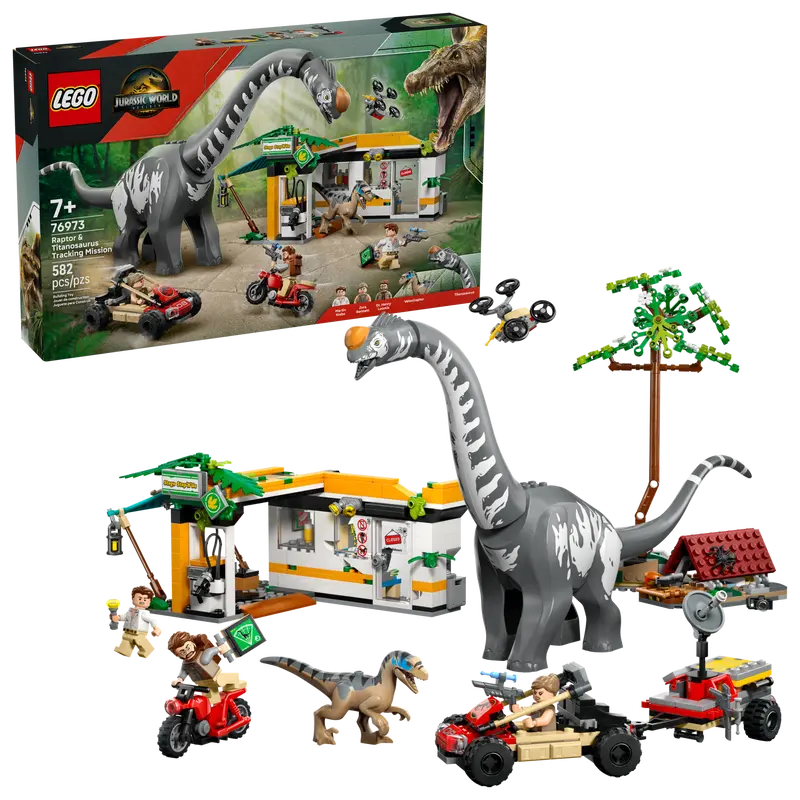 LEGO Jurassic World Raptor & Titanosaurus Tracking Mission 76973 with packaging