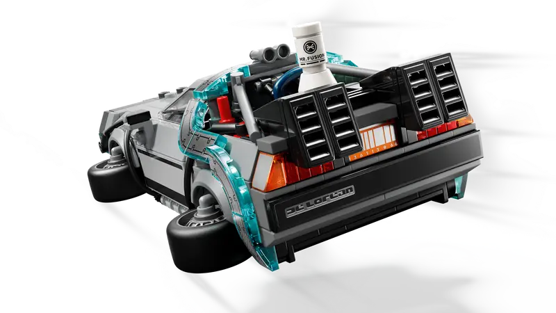 LEGO Speed Champions Time Machine from Back to the Future 77256 the car features details from the movie version including rear air vents, cockpit, the flux capacitor, time calculator