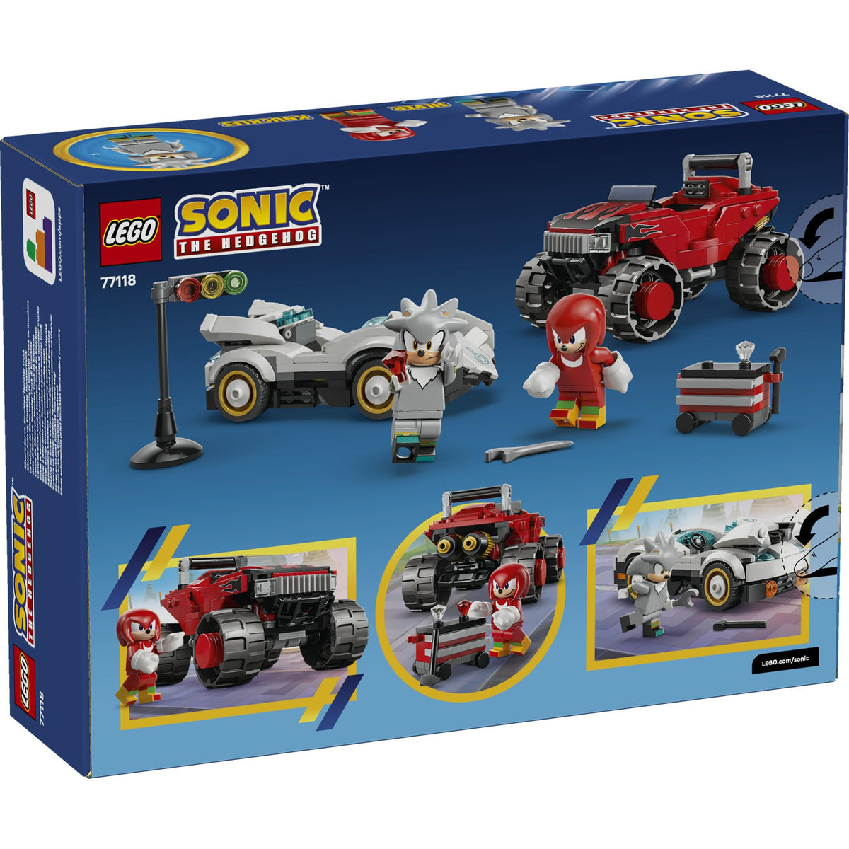 LEGO® Sonic the Hedgehog™ Silver’s Car vs. Knuckles’ Monster Truck 77118 Toy-Car Building Kit for Kids- 2 Racing Vehicle Toys and 2 Minifigures for Boys and Girls Aged 8+ -Sonic Merch Gaming Treat