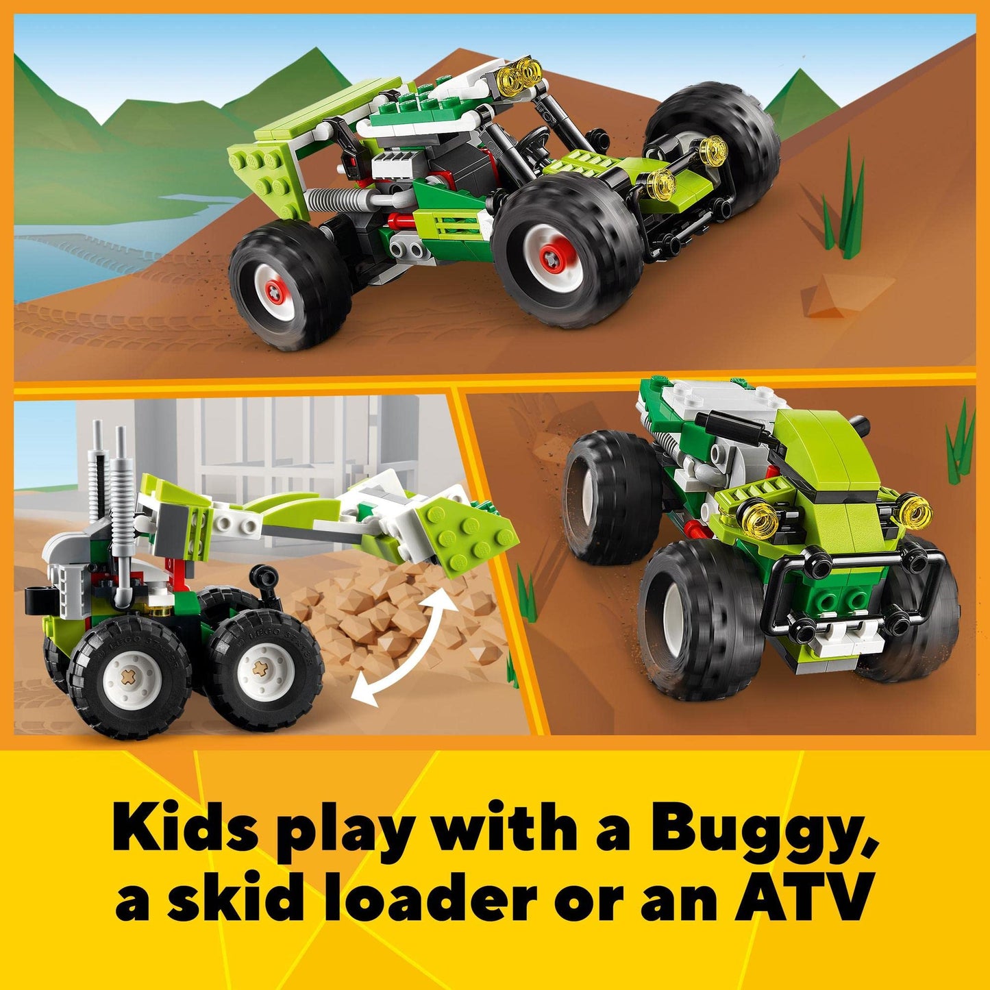 LEGO® Creator 3in1 Off-Road Buggy 31123 Building Kit; Features a Skid Loader and ATV (All-Terrain Vehicle) for Kids Aged 7+