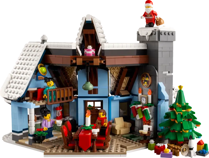 LEGO Creator Expert Santa’s Visit 10293 has a detailed interior a Christmas tree that lights up, a bedroom, Dining table, a fireplace and etc.