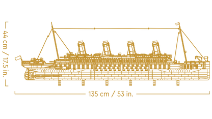 LEGO® ICONS Titanic 10294 measures over 53 in. (135 cm) long, 17.5 in. (44 cm) high, and 6 in. (16 cm) wide