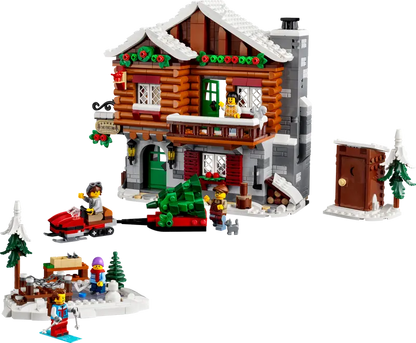 LEGO® ICONS Alpine Lodge 10325 includes a 3-level model lodge, a wood store, ski box, skating area and a toilet cabin, plus a snowmobile, Christmas tree, 5 minifigures and bird, cat and squirrel figures