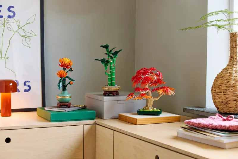 LEGO® Botanicals Japanese Red Maple Bonsai Tree 10348 displayed on a shelf with other botanical sets
