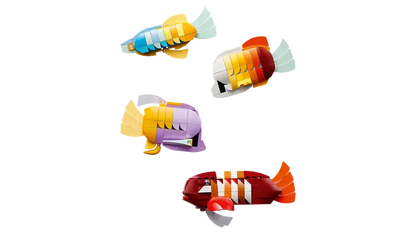 LEGO® Icons Tropical Aquarium 10366 comes with 4 fish a rainbowfish, angelfish varieties and a special striped brickfish