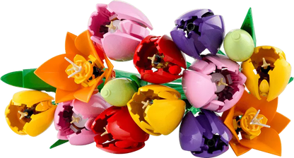 LEGO® Botanicals Tulip Bouquet 11501 includes green buds, purple closed tulips and red, yellow and pink opened tulips