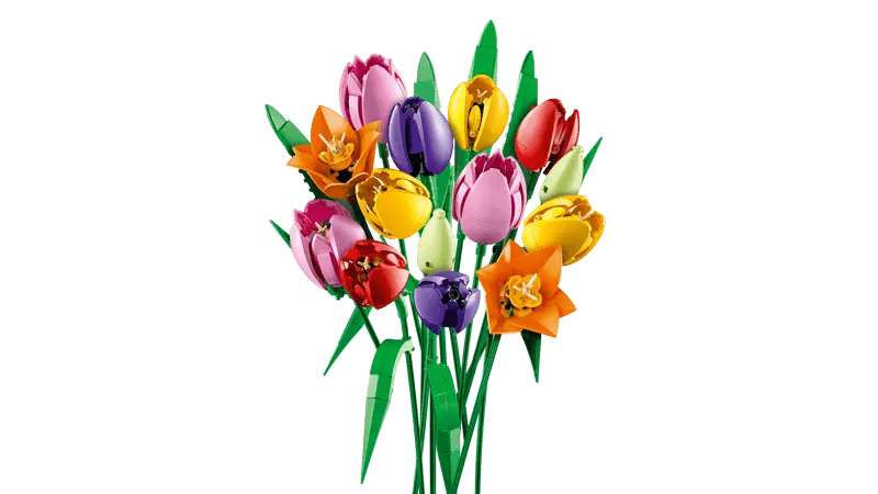 LEGO® Botanicals Tulip Bouquet 11501 includes green buds, purple closed tulips and red, yellow and pink opened tulips