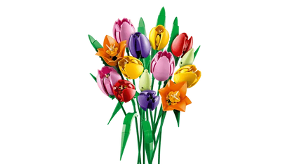 LEGO® Botanicals Tulip Bouquet 11501 includes green buds, purple closed tulips and red, yellow and pink opened tulips