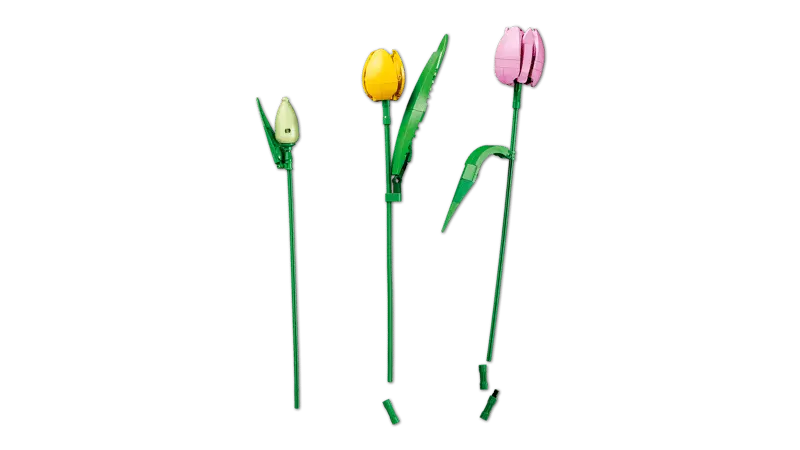 LEGO® Botanicals Tulip Bouquet 11501 features green leaves for extra authenticity and adjustable stems