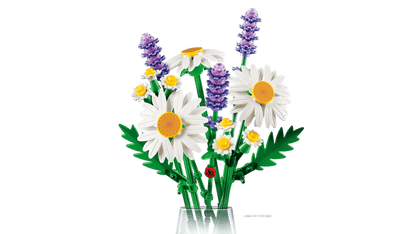 LEGO® Botanicals Daisies 11508 includes 3 large daisies, 2 stems of small daisies, 3 calming lavenders and vibrant green stems