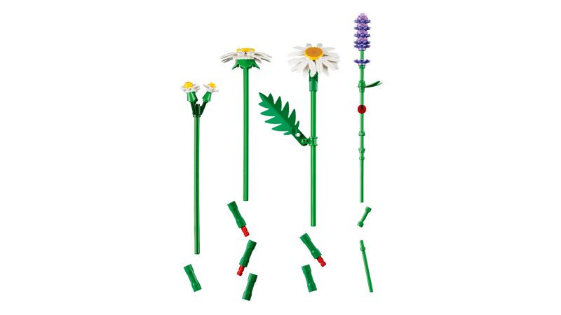 LEGO® Botanicals Daisies 11508 includes 3 large daisies, 2 stems of small daisies, 3 calming lavenders and vibrant green stems