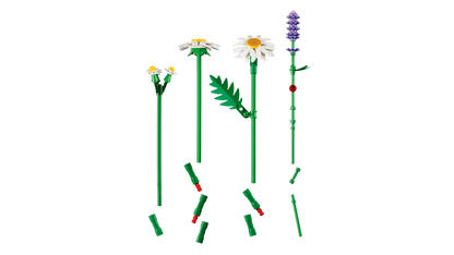 LEGO® Botanicals Daisies 11508 includes 3 large daisies, 2 stems of small daisies, 3 calming lavenders and vibrant green stems