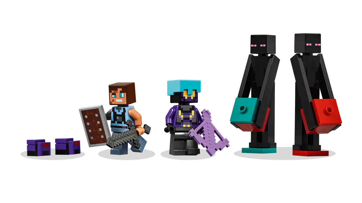 LEGO Minecraft 21279 features a Dimensional Defender, a Realm Raider, 2 Enderman minifigures and 2 Endermite mob figures, and an enchanted crossbow and a netherite sword and shield