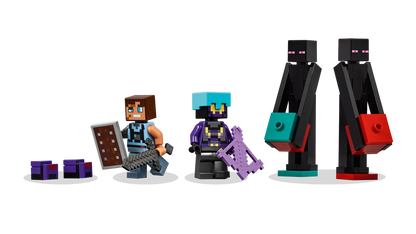 LEGO Minecraft 21279 features a Dimensional Defender, a Realm Raider, 2 Enderman minifigures and 2 Endermite mob figures, and an enchanted crossbow and a netherite sword and shield