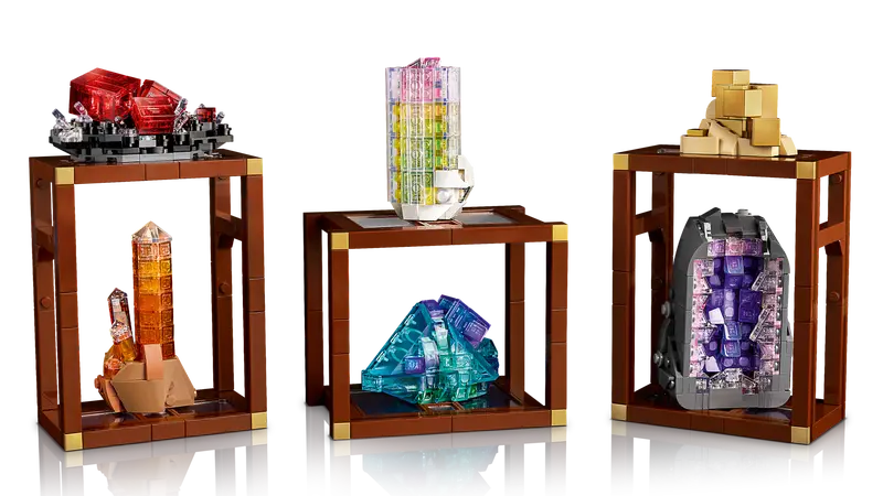 LEGO Ideas 21362 Mineral Collection includes golden pyrite, purple amethyst, reddish-pink rhodochrosite, blue fluorite, watermelon tourmaline and tangerine quartz