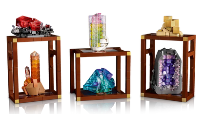 LEGO Ideas 21362 Mineral Collection includes golden pyrite, purple amethyst, reddish-pink rhodochrosite, blue fluorite, watermelon tourmaline and tangerine quartz