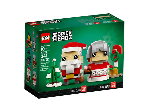LEGO BrickHeadz 40274 packaging with Santa Claus and Mrs. Claus figures on a green background