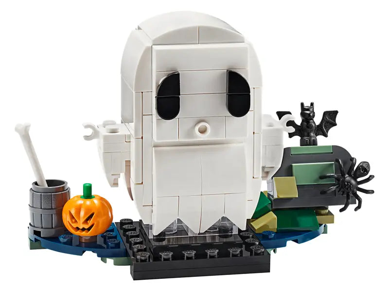 LEGO Brickheadz™ 40351 Halloween Ghost includes a ghost, bat and spider figures, a buildable tombstone and jack-o’-lantern, plus bone and barrel elements.