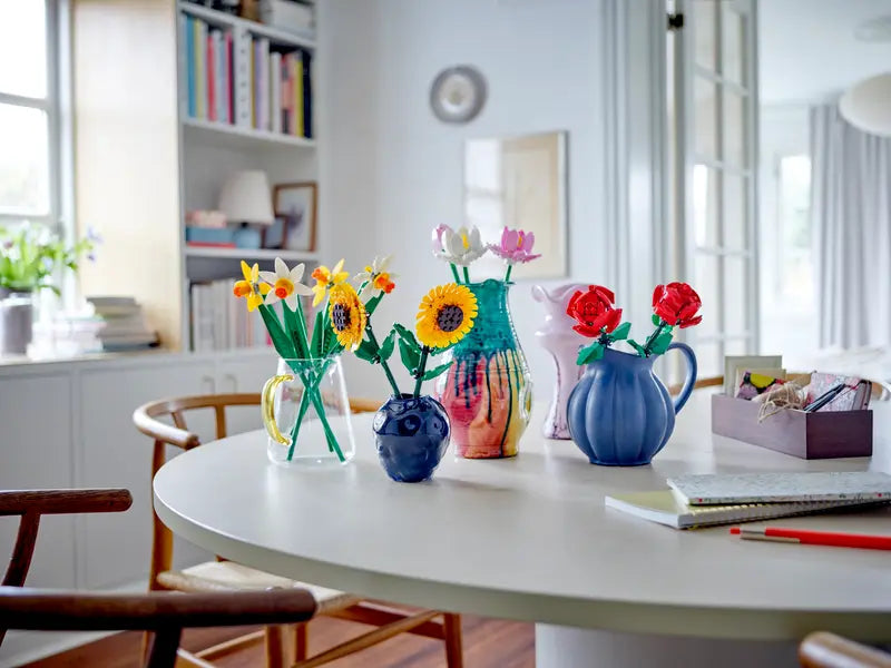  LEGO® Lotus Flowers 40647 in vase with other botanical sets like Roses, Sunflowers and daffodils