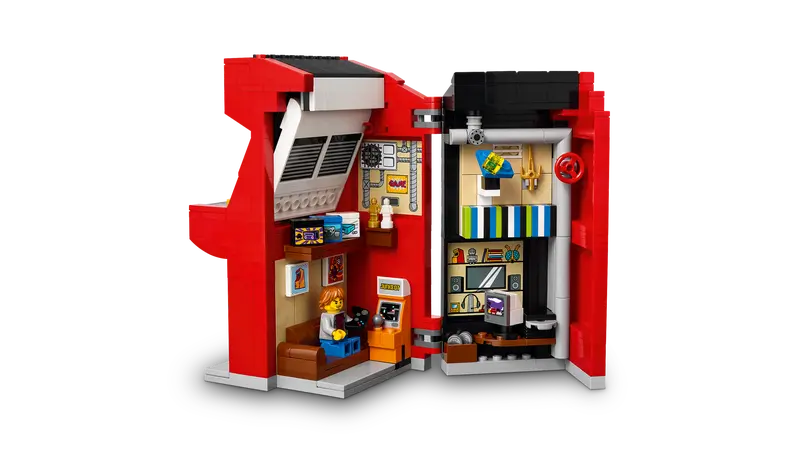 LEGO 40805 Arcade Machine opens up  to reveal a detailed gamer’s room inside