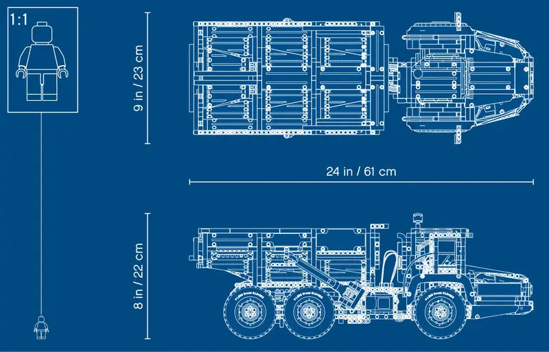 LEGO® Technic 6x6 Volvo Articulated Hauler 42114 measures over: 7” (20cm) high, 23” (60cm) long and 7” (20cm) wide