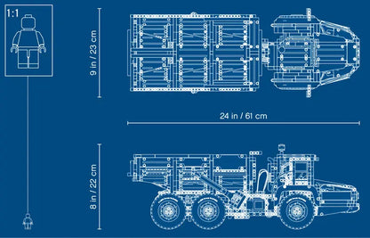 LEGO® Technic 6x6 Volvo Articulated Hauler 42114 measures over: 7” (20cm) high, 23” (60cm) long and 7” (20cm) wide
