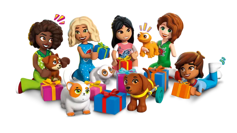 LEGO® Friends 42668 Advent Calendar 2025 Includes 5 LEGO® Friends characters Aliya, Autumn, Liann, Nova and Leo minidolls, plus 5 LEGO animals: 2 dogs, a guinea pig, a gecko and a cat figure