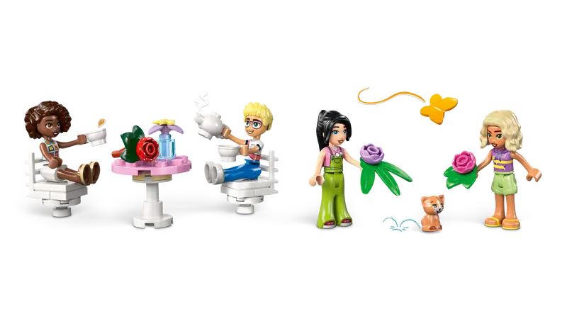 LEGO® Friends Plant Café & Flower Shop 42671 includes Aliya, Esma, Olly and Nova minidolls, plus a Nugget the cat figure and plant and flower elements