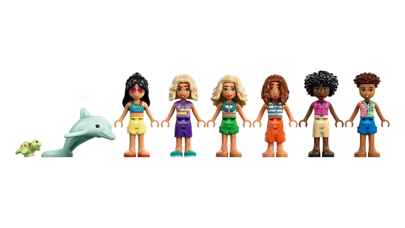 LEGO® Friends Family Holiday Beach Resort 42673 comes with 6 minidolls, a dolphin, and a turtle figure