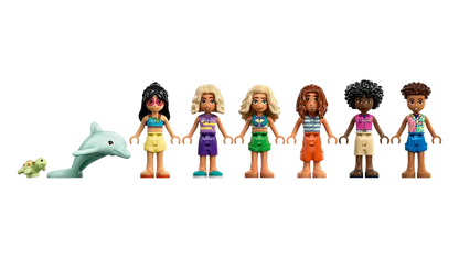 LEGO® Friends Family Holiday Beach Resort 42673 comes with 6 minidolls, a dolphin, and a turtle figure