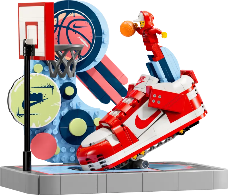 LEGO 43021 Nike Dunk Trickshot featuring a red and white sneaker and basketball hoop