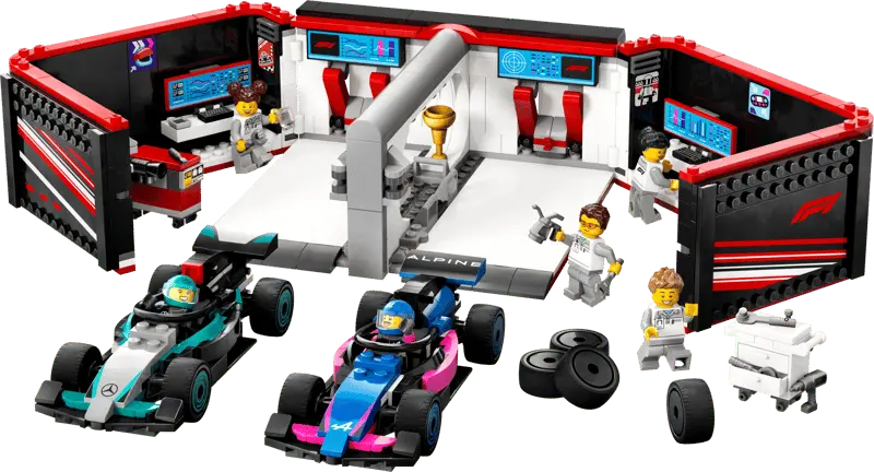 LEGO® City F1® Garage & Mercedes-AMG & Alpine Cars 60444 Includes workbenches, tool carts and a tower of slick tires.