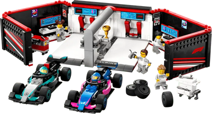 LEGO® City F1® Garage & Mercedes-AMG & Alpine Cars 60444 Includes workbenches, tool carts and a tower of slick tires.