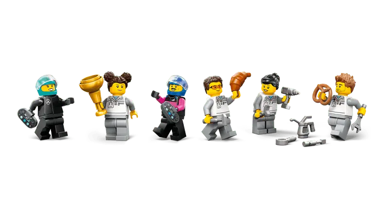 LEGO® City F1® Garage & Mercedes-AMG & Alpine Cars 60444 includes 2 driver and 4 mechanic minifigures, plus a winner’s trophy