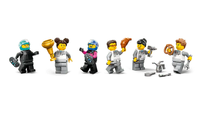 LEGO® City F1® Garage & Mercedes-AMG & Alpine Cars 60444 includes 2 driver and 4 mechanic minifigures, plus a winner’s trophy