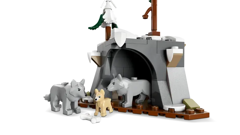 LEGO® City Arctic Explorer Science Lab Truck 60471 comes with a remote cave that’s home to a family of Arctic wolves